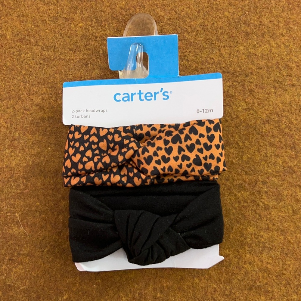 Carter's Baby 0-12M Orange Black Heart Print Turban 2-Pack Headwraps NWT